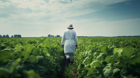 A farmer in traditional attire inspecting a field of nitrogen fertilized crops.