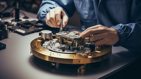 A close-up shot of a technician assembling a precision component of a low earth orbit microsatellite.