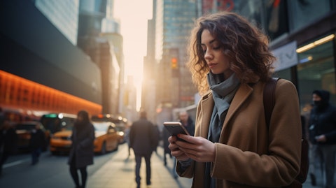 A woman walking through a vibrant city, consulting a self-guided tour on her phone.