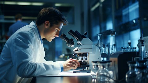 A scientist in a lab coat with a microscope magnifying a sample of a rare disease therapy.