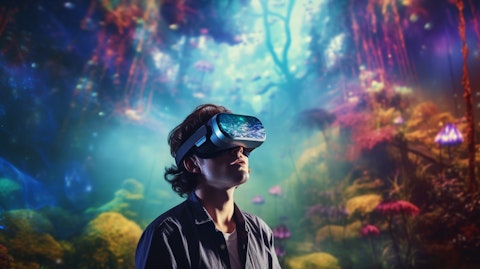 A man with a virtual reality headset immersed in a photorealistic 3D world.