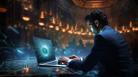 A business executive using a laptop to manage a secure enterprise network.