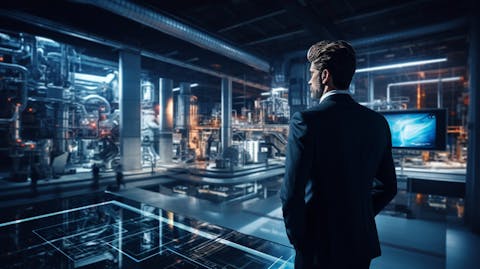 An executive overlooking a modern technology facility, emphasizing the cutting-edge solutions the company provides.