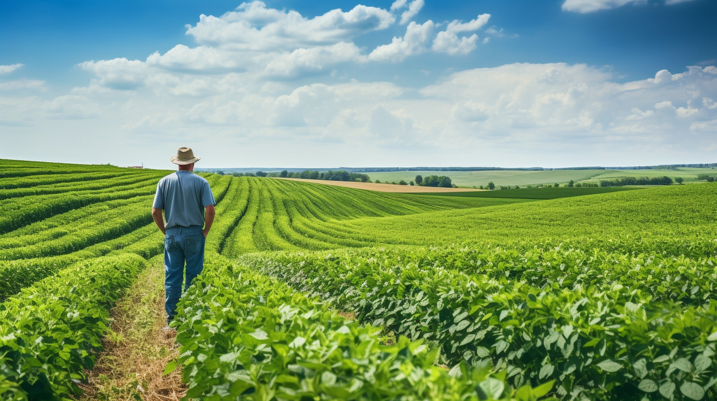 A farmer in a field, surveying the increased yields of a crop cultivated with agricultural technology.