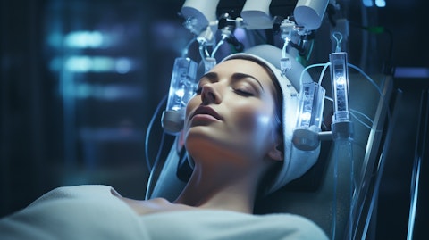 A person undergoing a non-invasive aesthetic procedure featuring advanced medical device platforms.