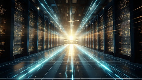 A sleek broadband amplifier reflecting the rays of light in a server room.