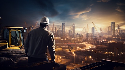 A worker operating heavy machinery on a large construction site, at the center of a bustling city skyline.