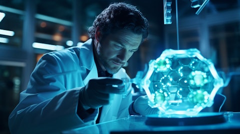 A scientist at a state-of-the-art laboratory closely examining a cellular therapy sample.