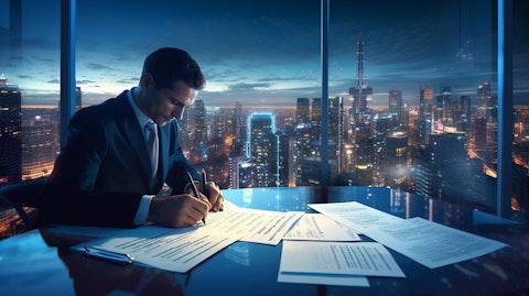 A man in a suit signing an agreement against a backdrop of towering skyscrapers, illustrating the distribution of products and solutions.