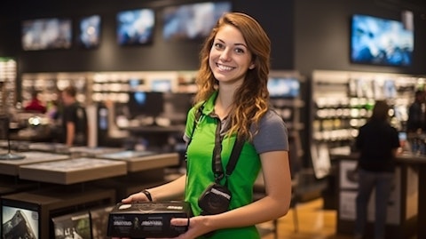 A retail store employee demonstrating the features of a video game console.