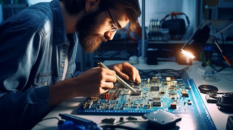 An experienced electronic technician soldering a PCB circuit board.