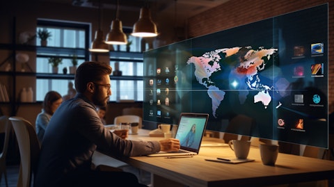 An instructor in a virtual classroom, interacting with students around the world through the company's courses.