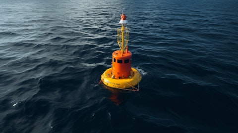 A buoy in the middle of the ocean, transmitting data gathered by the company's hydrographic services.