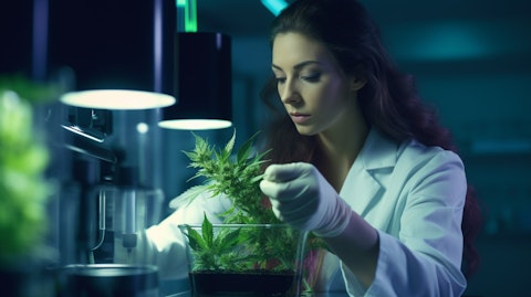 A closeup of an analytical scientist analyzing a medicinal cannabis derivative product in a laboratory.