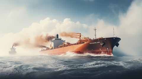 A deep sea tanker vessel laden with liquified natural gas, contrailing a majestic stream of white smoke.