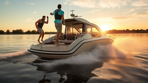 A picture of two people, excitedly boarding a power catamaran boat for recreational activities.