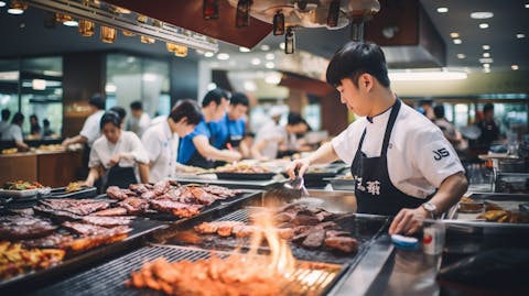 A busy Korean barbecue restaurant, full of customers experiencing the traditional flavors.